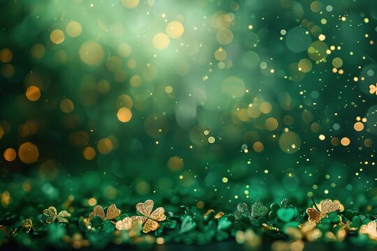 A vibrant green backdrop with subtle shamrocks and glittering gold accents