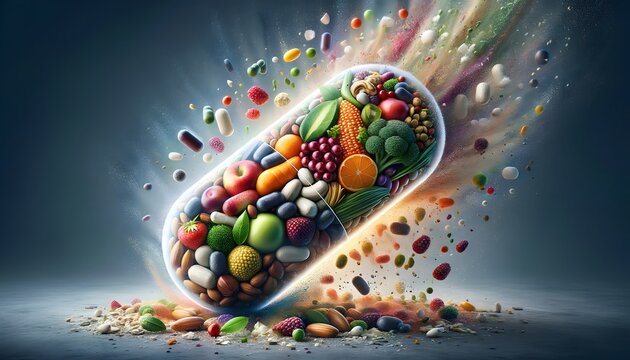 Medicine health concept. Nutritional supplement and vitamin supplements as a capsule with fruit vegetables and beans inside a nutrient pill.