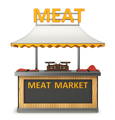 Market wooden stall, fair booth with fresh meats products. Canopy kiosk mockup with fresh meat. 3d illustration on white background
