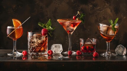 Cocktails. Traditional American drinks made by artisanal bartenders or mixologists in speakeasy & upscale bars or dives or taverns.Cocktails served in chilled cocktail glasses & garnished with fruit