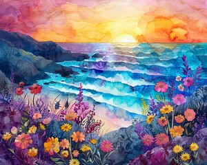 A vibrant watercolor scene of a coastal landscape with sea flowers and natural rock elements against a colorful background