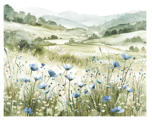 Serene watercolor scenery with blue wildflowers