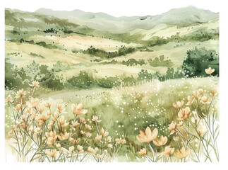 Idyllic watercolor landscape with blooming flowers