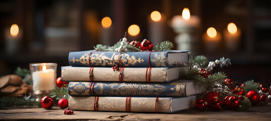 Christmas book stack on a table