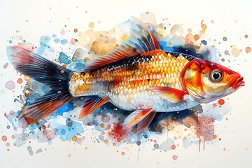 Colorful watercolor painting of goldfish on white background,  Digital illustration