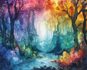 A fantasy watercolor scene with mythical creatures, set in a colorful, enchanted forest with magical elements in the background