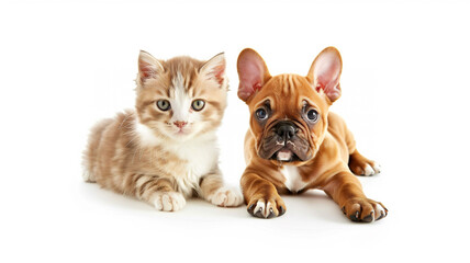 A cute dog and cat sitting on a white background
