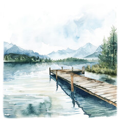 Serene Watercolor Lake Landscape with Dock