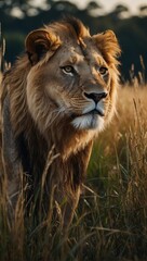 Fototapeta premium majestic lion on the hunt for some prey in high grass, stock photo, background