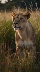 Obraz premium majestic lioness on the hunt for some prey in high grass, stock photo, background