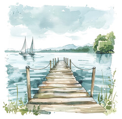 Tranquil Watercolor Scene with Wooden Pier