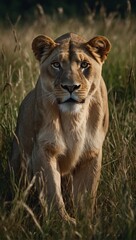 majestic lioness on the hunt for some prey in high grass, stock photo, background