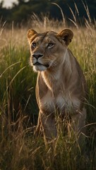 majestic lioness on the hunt for some prey in high grass, stock photo, background