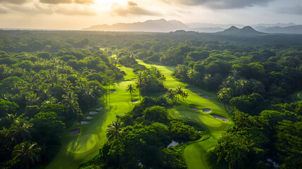 Sunset Over a Pristine Tropical Golf Course with Mountain Backdrop