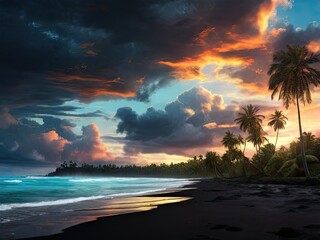 Beach Sunset with Palms and Moonlit Sky