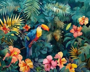 A vibrant watercolor jungle scene, with colorful wildlife and dense foliage elements creating an exotic background