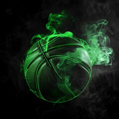 A glowing green basketball on a black background with smoke
