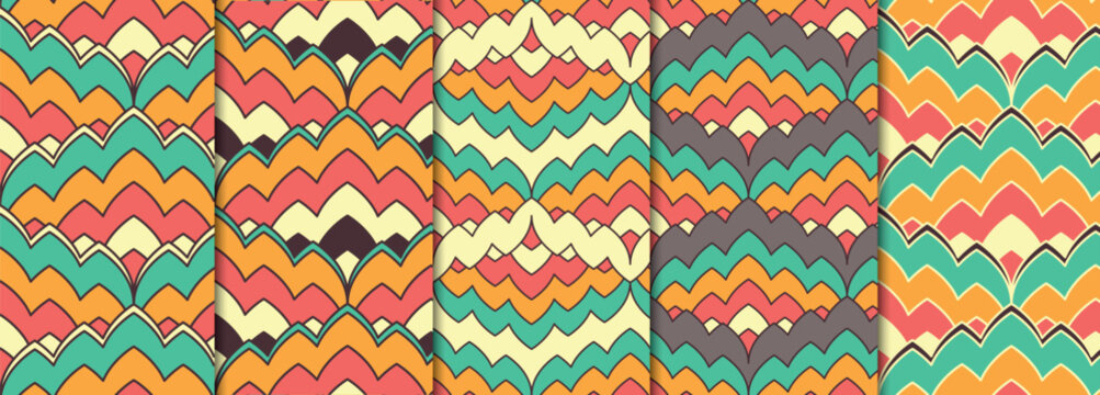5 Seamless patterns set with geometric flame stitch style motifs. Bright retro stripes repeat wallpapers bundle. Classic Italian zig zag decorative backgrounds for fabric