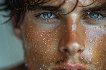 Close-up portrait of a beautiful young man with wet face