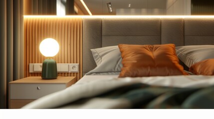 Luxurious modern bedroom design featuring an upholstered headboard with ambient lighting and plush pillows in a cozy atmosphere