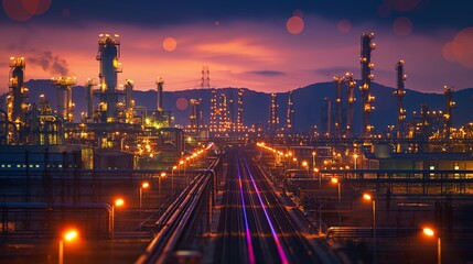 Fototapeta na wymiar Oil Refinery Operations at Vibrant Sunset