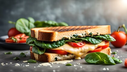 grilled cheese spinach and tomato sandwich on concrete background
