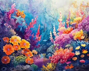 A vibrant watercolor painting of a coral reef, showcasing colorful marine life and intricate elements in the background