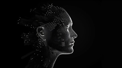 Artificial Intelligence, abstract artistic human head portrait made of dotted particles array, vector software digital visual interface. Digital soul, spirit of technological time.