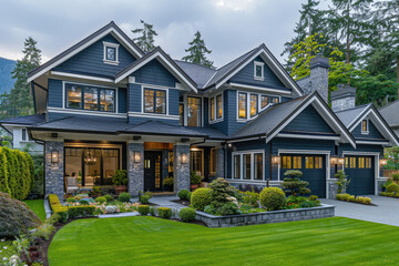 A luxury home in the residential neighborhood of Florida, Washington with a green lawn and grey driveway. Created with Ai