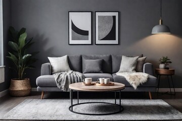 Stylish living room interior with grey sofa, white pillow, round coffee table, lamp, and minimal art frame on the grey wall.