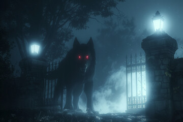 Werewolf with red eyes stalking a cemetery at night