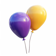 Two balloons, purple and yellow, on white background