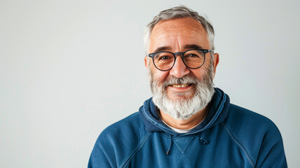 Obraz premium happy senior man with glasses and beard wearing a blue sweatshirt on a grey background.
