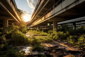 Fototapeta premium A Hauntingly Beautiful Depiction of an Abandoned Shopping Mall, Overgrown with Nature and Bathed in the Fading Light of Sunset