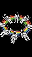 A group of astronauts are floating in space in a rainbow. The image is a creative and whimsical representation of space exploration. Generative AI