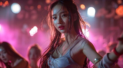 an dancing girl group, 16 - 19 years old that dressed a modern dancer , k-pop music, group of Korea pop music girl group