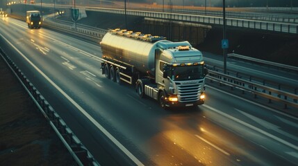 Isothermal Tank truck driving on highway, Oil and Gas Transportation and Logistics, Metal chrome cistern tanker with petrochemicals products.