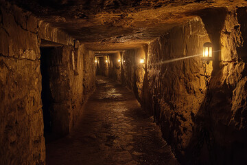 Obraz premium Eerie echoes and chains drag through torch-lit underground catacombs - creating a bone-chilling horror atmosphere