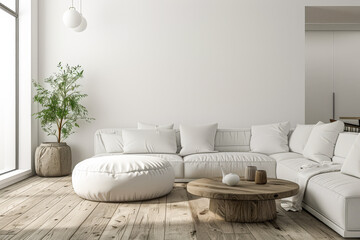 Contemporary minimalist living room space in neutral tones. Interior design composition with minimal elements