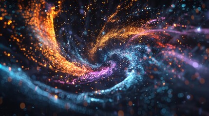 Colorful particles tornado in black space, power twister, 3d rendering computer generating background