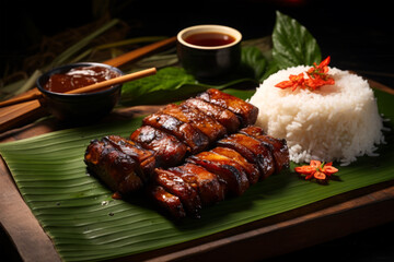 grilled Pork with rice on background