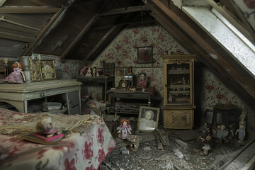 A neglected dollhouse in an attic stages eerie scenes in miniature rooms - suggesting the sudden vanishing of its dolls