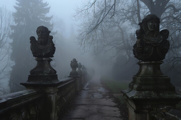 A foggy path leads to an ancient mausoleum - statues staring into the mist with a sense of watchfulness and dread