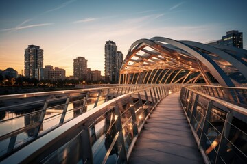 Obraz premium A Modern Marvel of Architecture: A Glass and Steel Pedestrian Bridge Spanning a Bustling Cityscape at Sunset