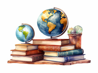 Watercolor painting of Three globes sit on top of a stack of books