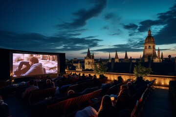 Fototapeta premium A Magical Summer Night at the Open-Air Cinema with Reclining Seats, Underneath a Starlit Sky, Surrounded by Vintage Buildings