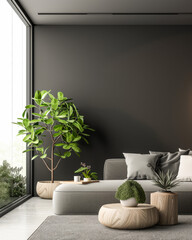 Contemporary minimalist living room space in neutral tones. Interior design composition with minimal elements