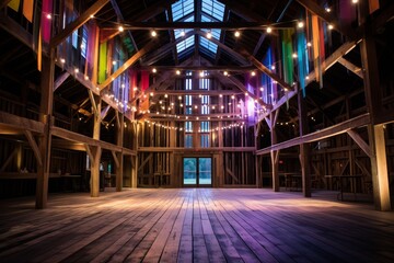 A Rustic Barn Transformed into a Vibrant Community Event Space, Illuminated by Warm Lights and Decorated with Local Artwork