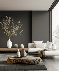 Contemporary minimalist living room space in neutral tones. Interior design composition with minimal elements
