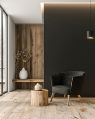 Contemporary minimalist living room space in neutral tones. Interior design composition with minimal elements